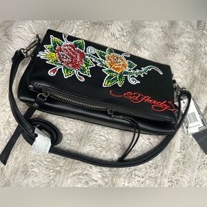 Ed Hardy Black Crossbody with Red & Yellow Floral Embroidery